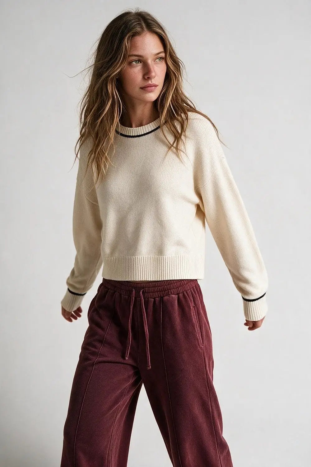Cream chunky Knit Contrast Trim Cropped Crew Neck Sweater