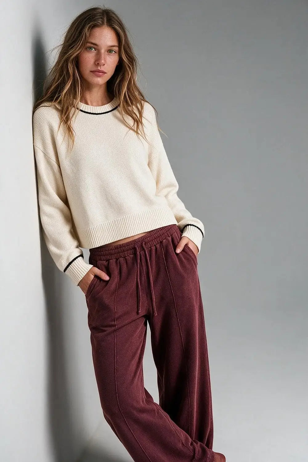 Cream chunky Knit Contrast Trim Cropped Crew Neck Sweater