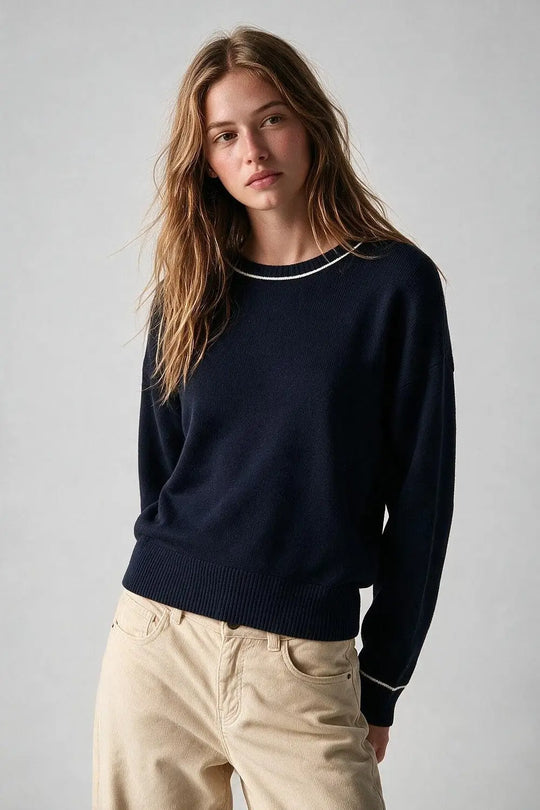 Navy warm Knit Contrast Trim Crew Neck Sweater