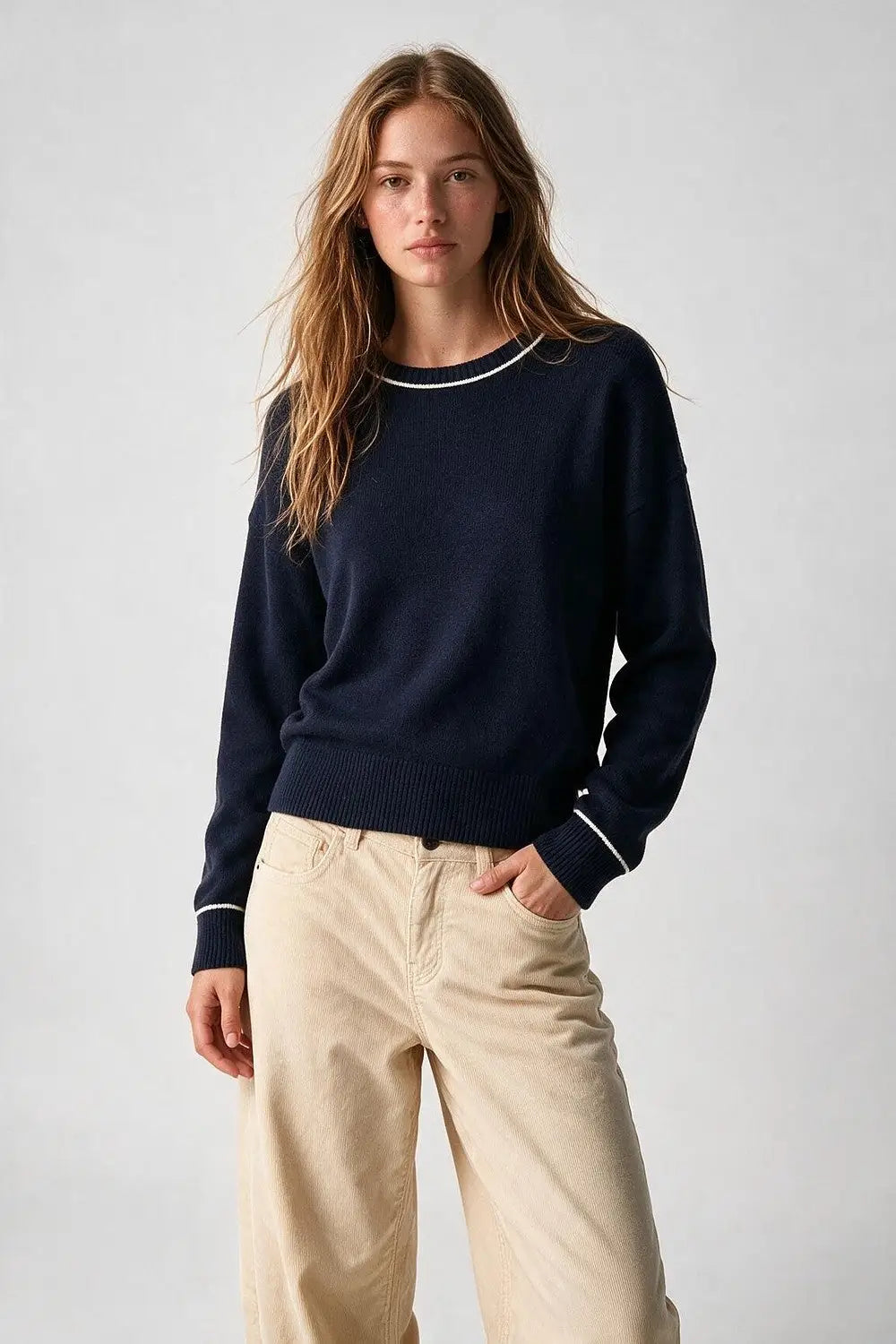 Navy warm Knit Contrast Trim Crew Neck Sweater