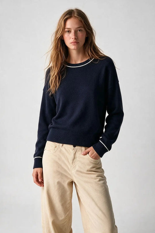 Navy warm Knit Contrast Trim Crew Neck Sweater