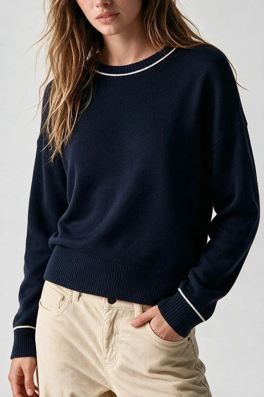 Navy warm Knit Contrast Trim Crew Neck Sweater