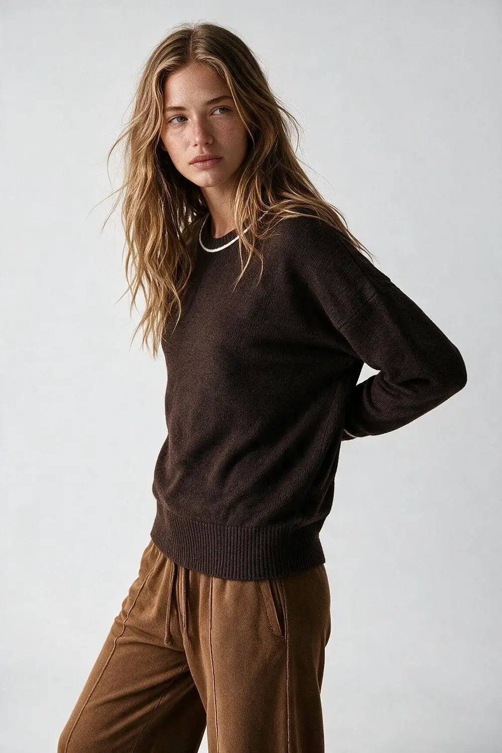 Brown warm Knit Contrast Trim Crew Neck Sweater