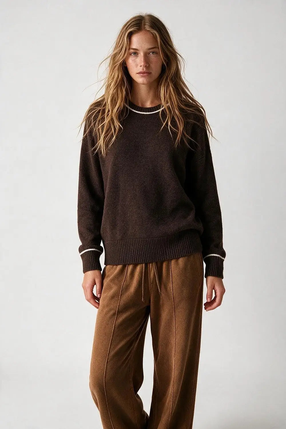 Brown warm Knit Contrast Trim Crew Neck Sweater