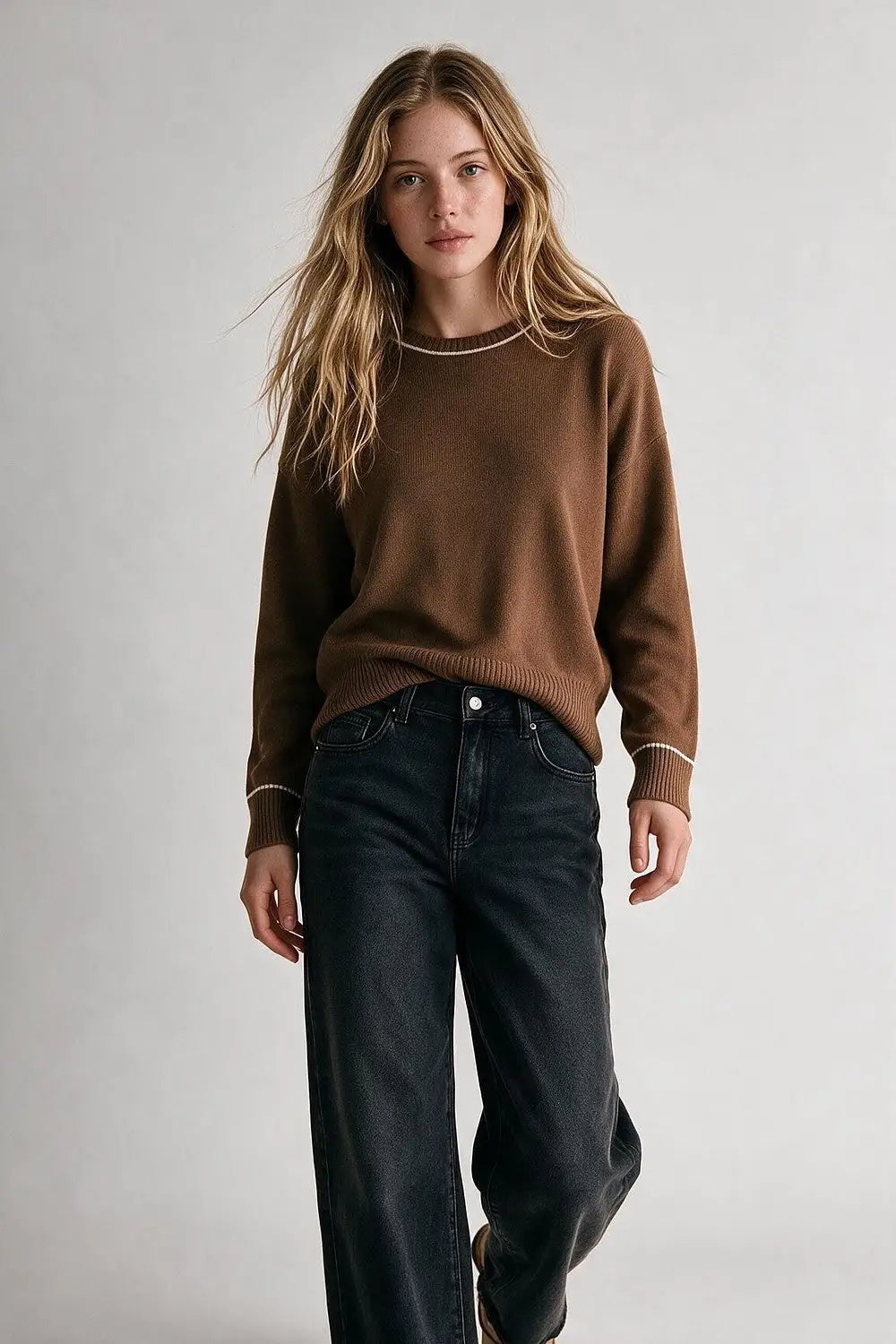 Camel warm Knit Contrast Trim Crew Neck Sweater