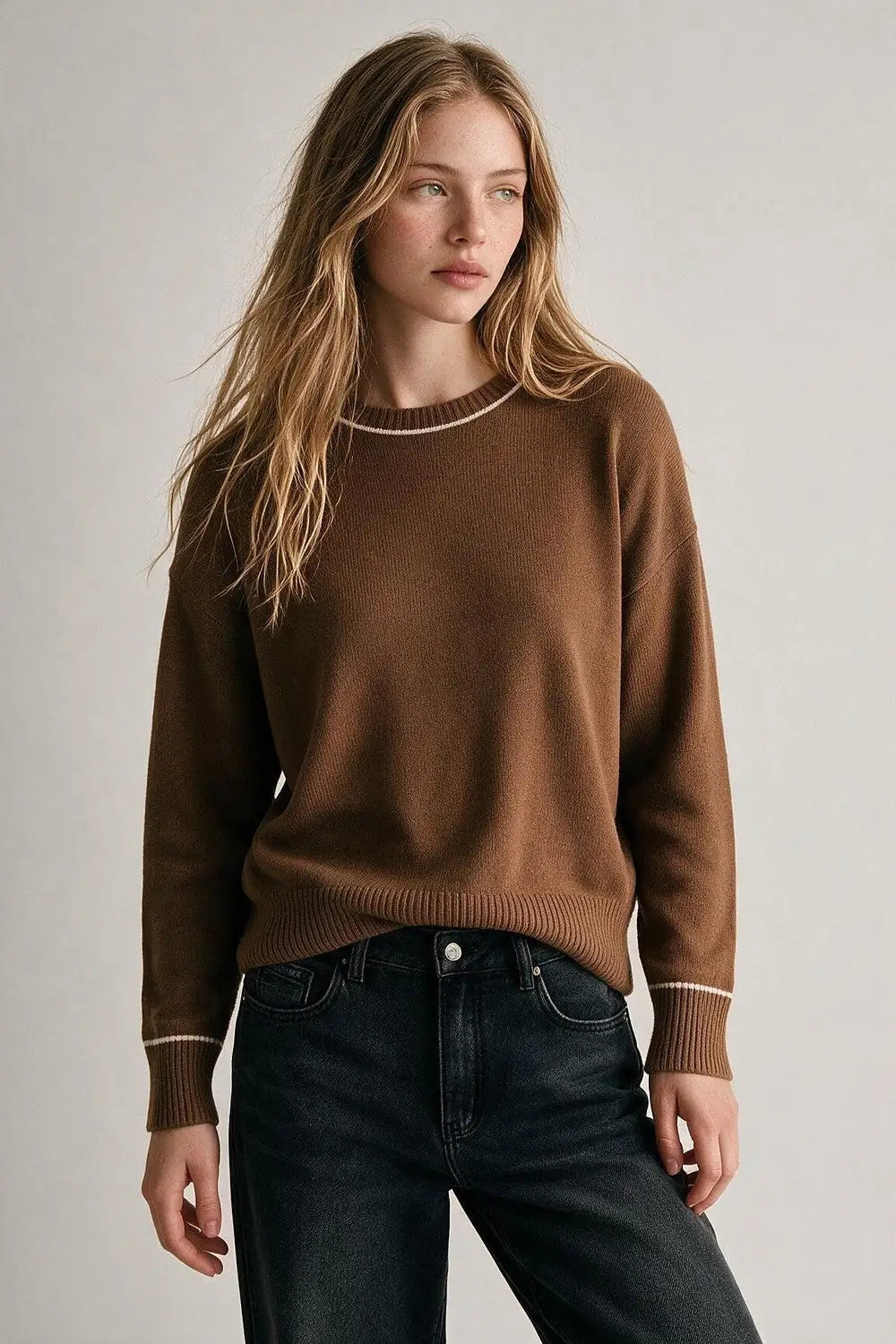 Camel warm Knit Contrast Trim Crew Neck Sweater