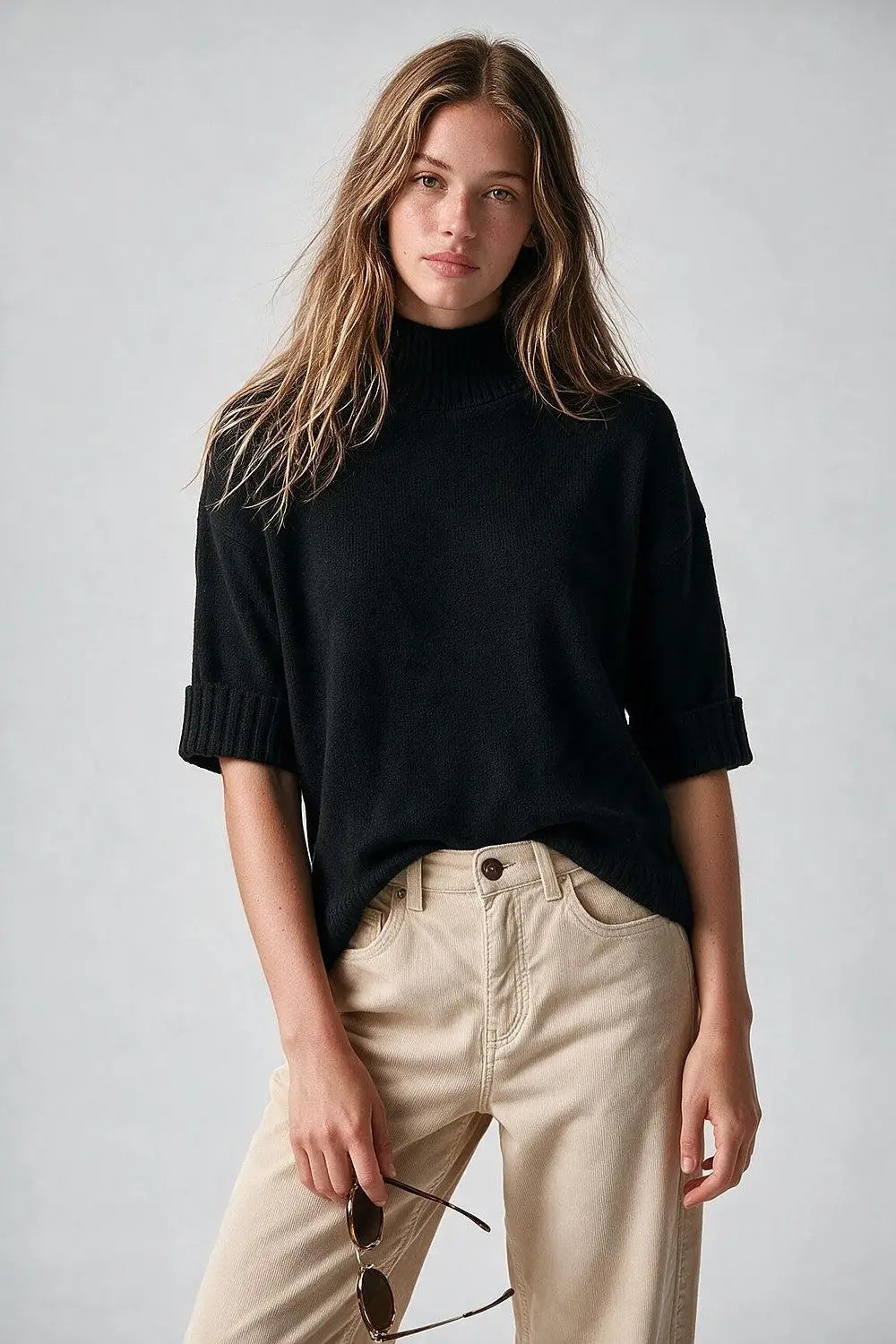 Black warm Ribbed Knit High Collar Relaxed Fit Sweater with elbow-length sleeve