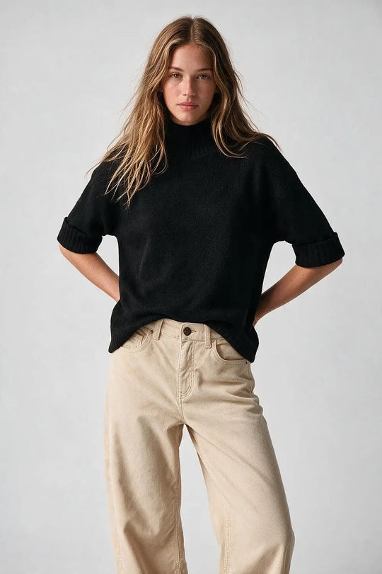 Black warm Ribbed Knit High Collar Relaxed Fit Sweater with elbow-length sleeve