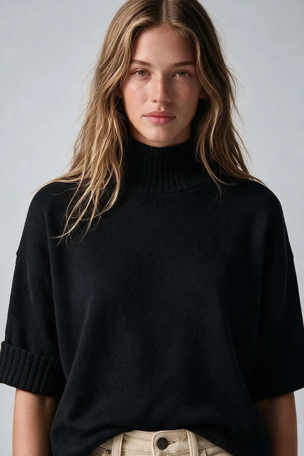 Black warm Ribbed Knit High Collar Relaxed Fit Sweater with elbow-length sleeve