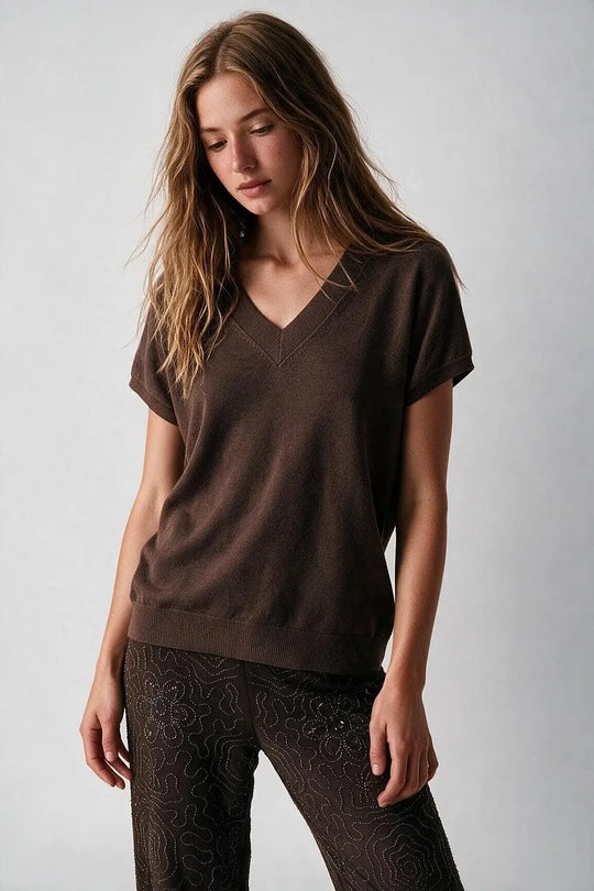 Brown Fine-Knit V-Neck Sweater with Short Dolman Drop-Shoulder Sleeves