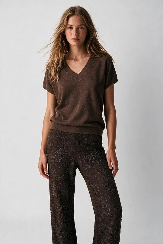 Brown Fine-Knit V-Neck Sweater with Short Dolman Drop-Shoulder Sleeves