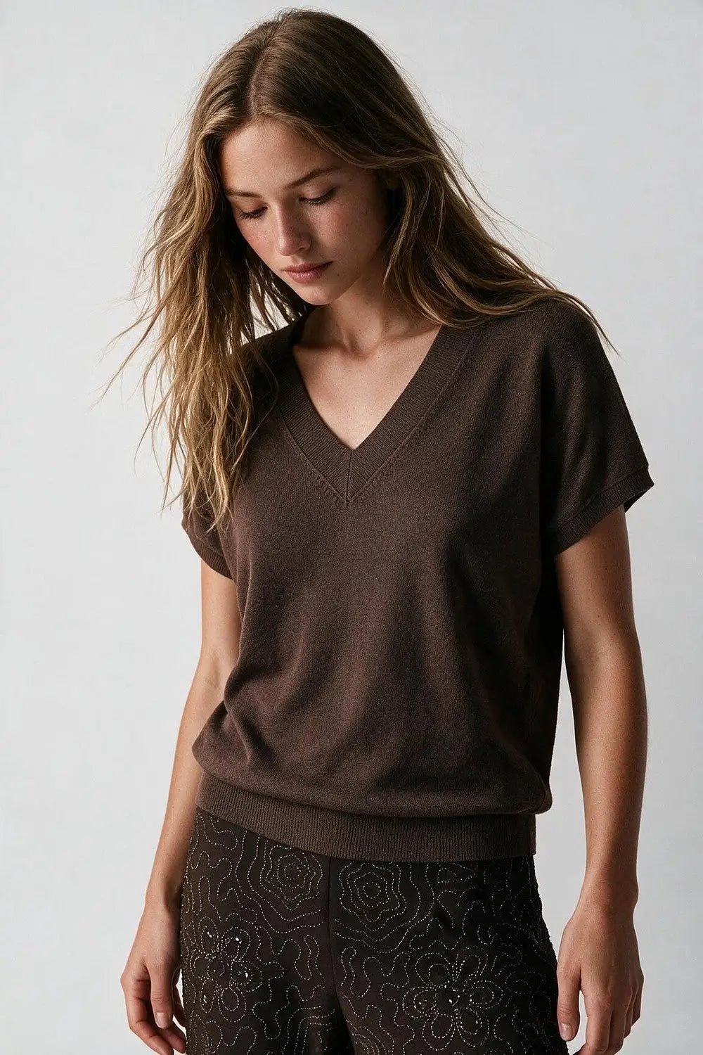 Brown Fine-Knit V-Neck Sweater with Short Dolman Drop-Shoulder Sleeves