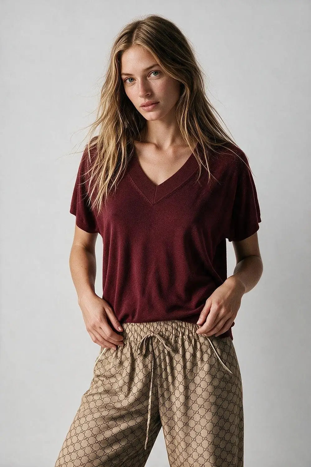 Burgundy Fine-Knit V-Neck Sweater with Short Dolman Drop-Shoulder Sleeves