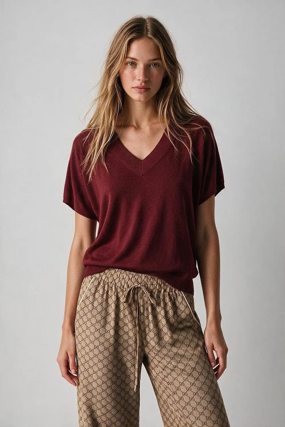 Burgundy Fine-Knit V-Neck Sweater with Short Dolman Drop-Shoulder Sleeves