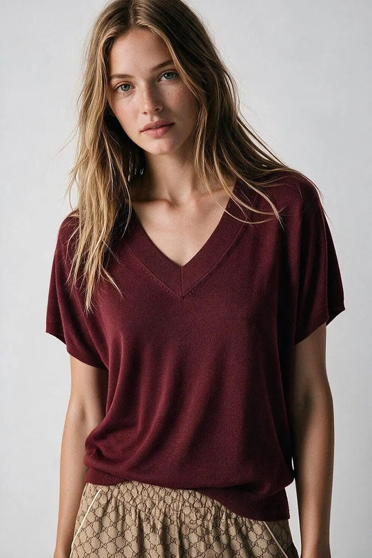Burgundy Fine-Knit V-Neck Sweater with Short Dolman Drop-Shoulder Sleeves