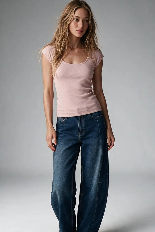 Pink Square Neck Fine-Knit sweater with Cap Sleeves