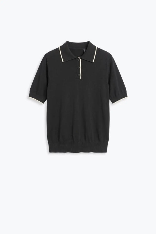 black Fine Knit Contrast Trim sweater with Polo Collar