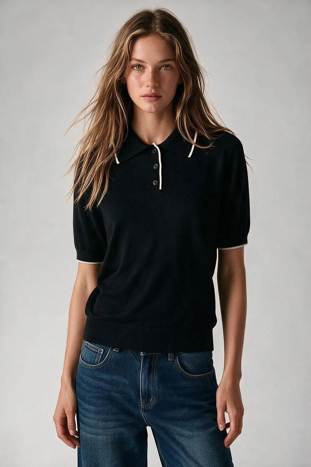 black Fine Knit Contrast Trim sweater with Polo Collar