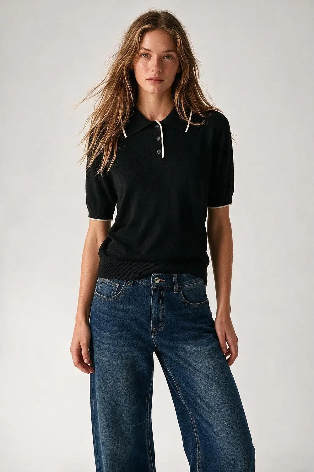 black Fine Knit Contrast Trim sweater with Polo Collar