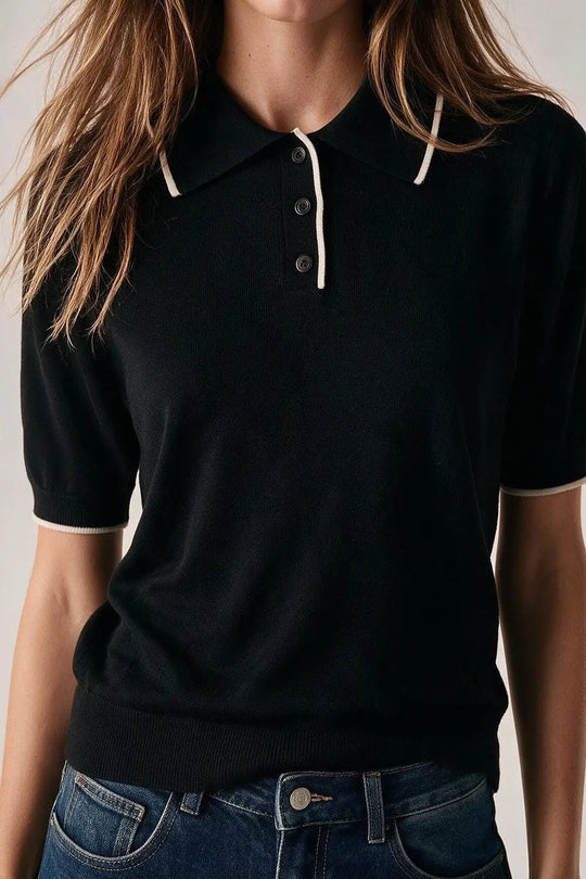 black Fine Knit Contrast Trim sweater with Polo Collar