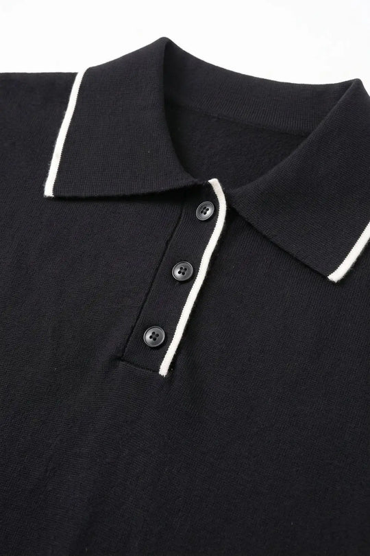 black Fine Knit Contrast Trim sweater with Polo Collar