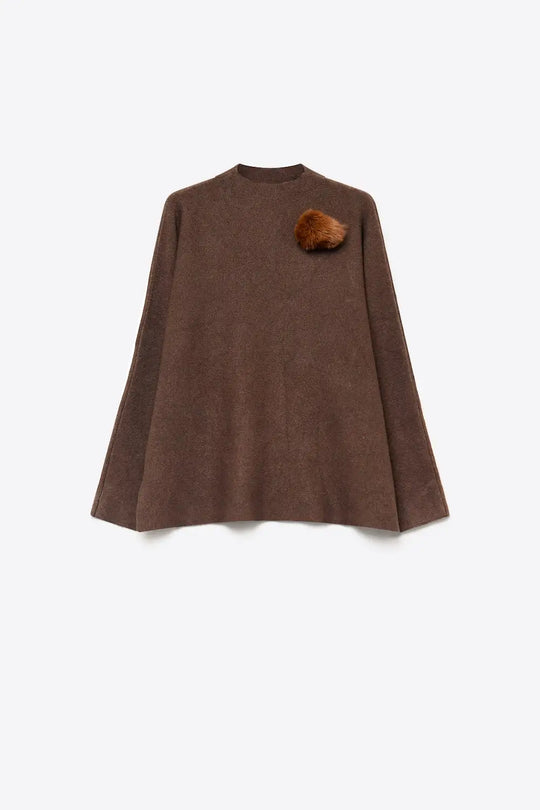 Brown chunky Knit Pom-Pom Detail Relaxed Fit Sweater