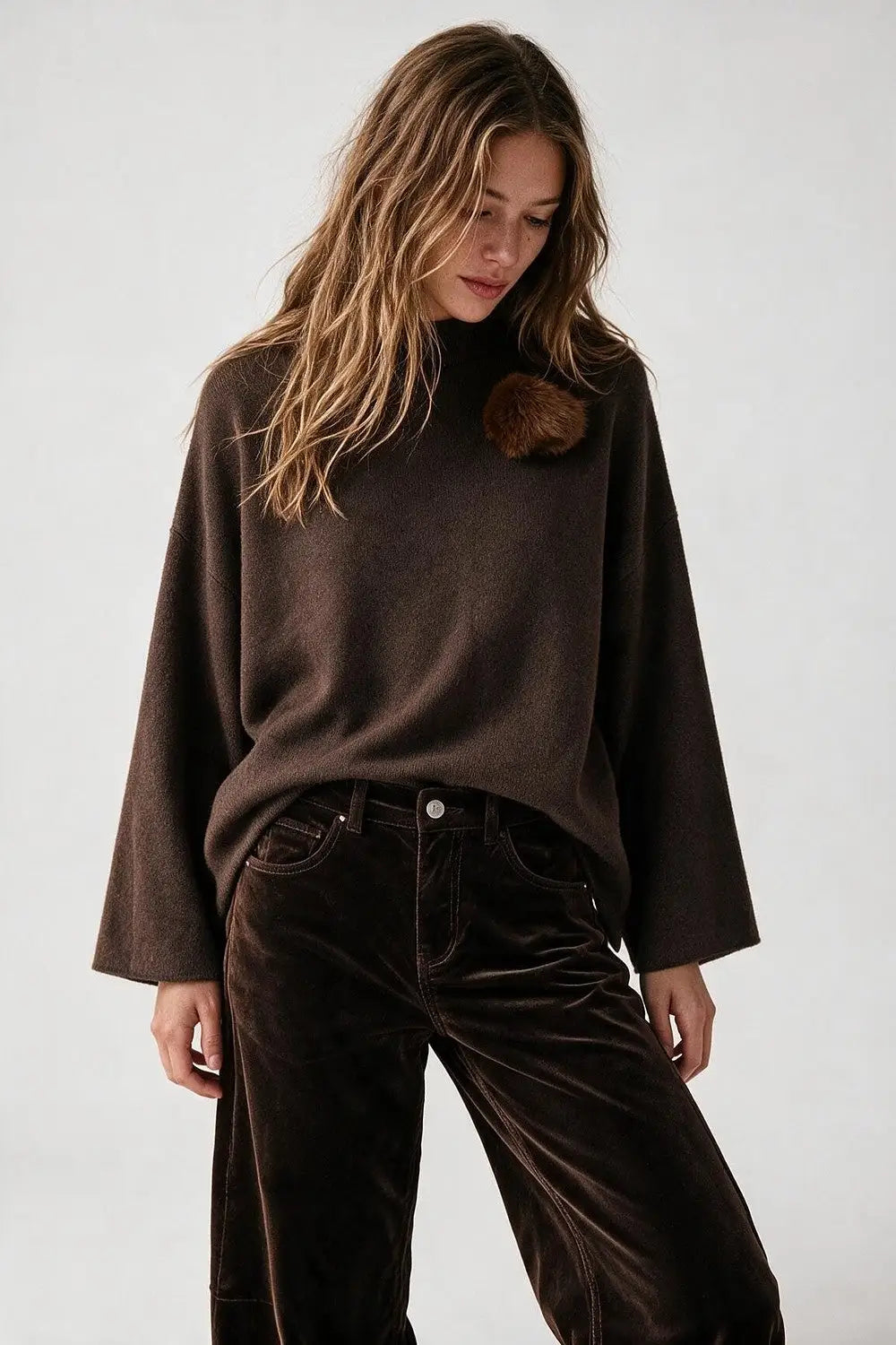 Brown chunky Knit Pom-Pom Detail Relaxed Fit Sweater