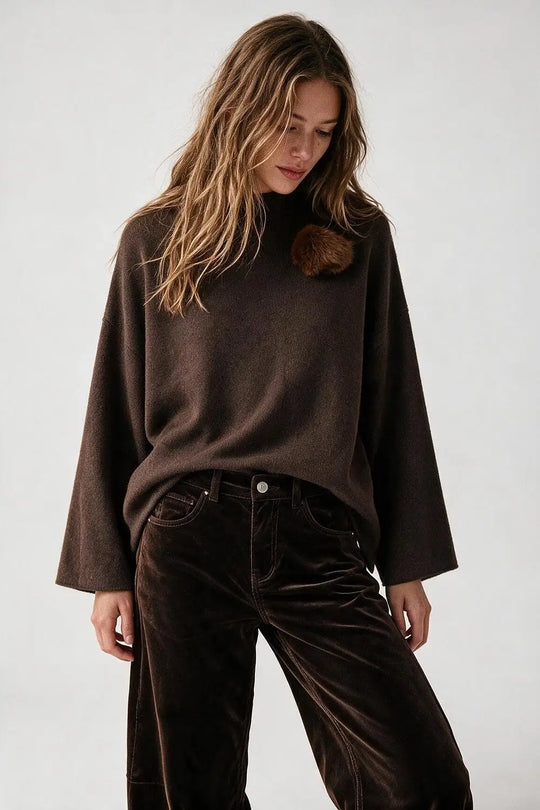 Brown chunky Knit Pom-Pom Detail Relaxed Fit Sweater