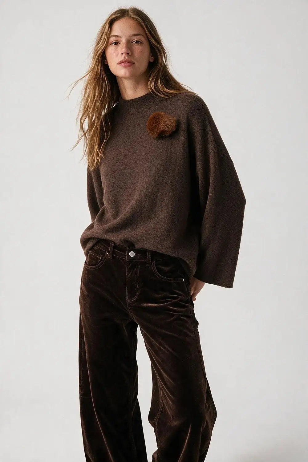 Brown chunky Knit Pom-Pom Detail Relaxed Fit Sweater