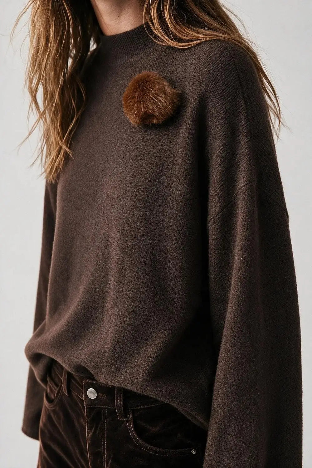 Brown chunky Knit Pom-Pom Detail Relaxed Fit Sweater