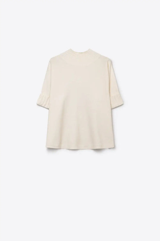 Cream chunky Ribbed Knit high Neck Sweater with elbow-length sleeve