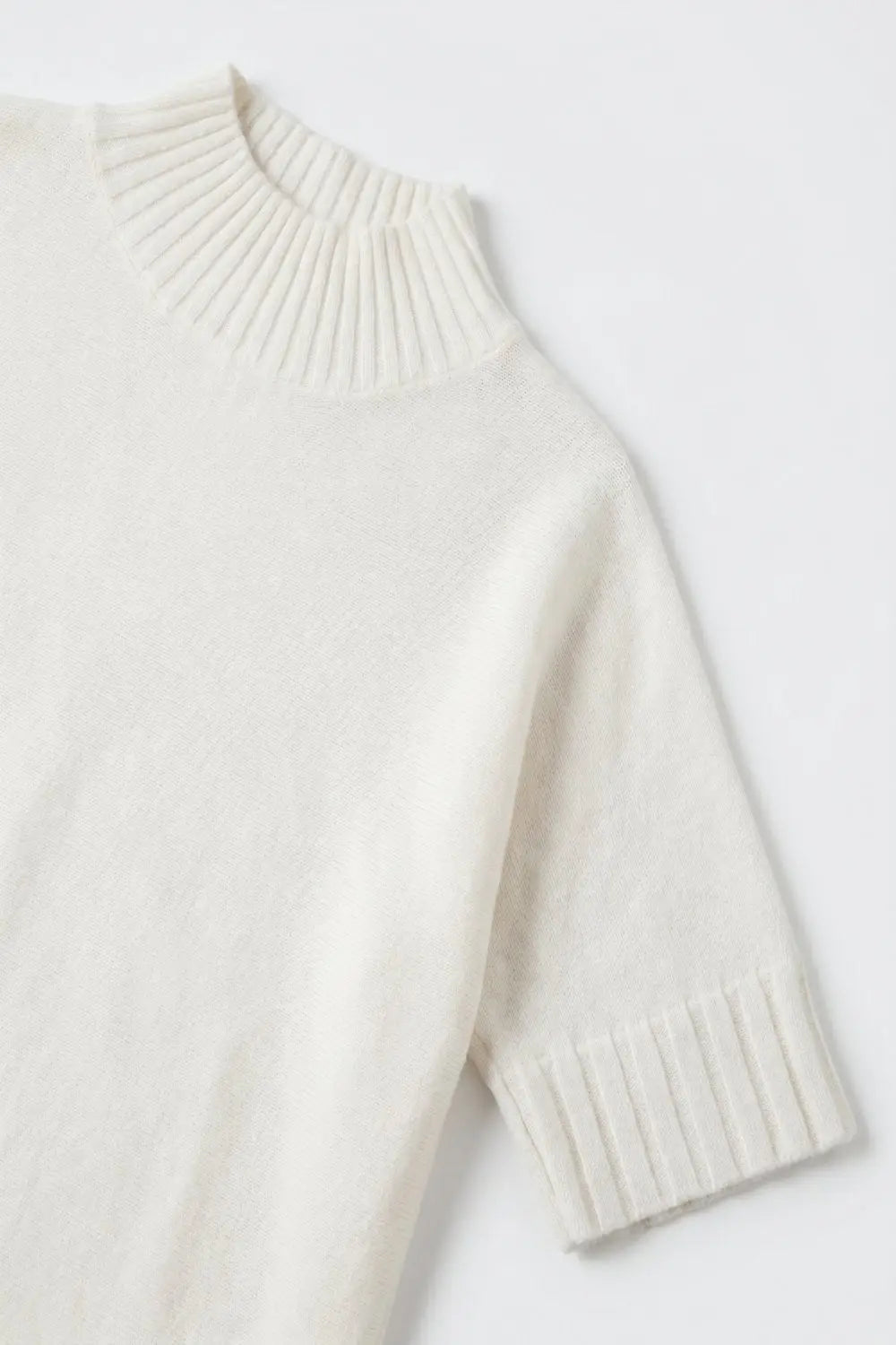 Cream chunky Ribbed Knit high Neck Sweater with elbow-length sleeve