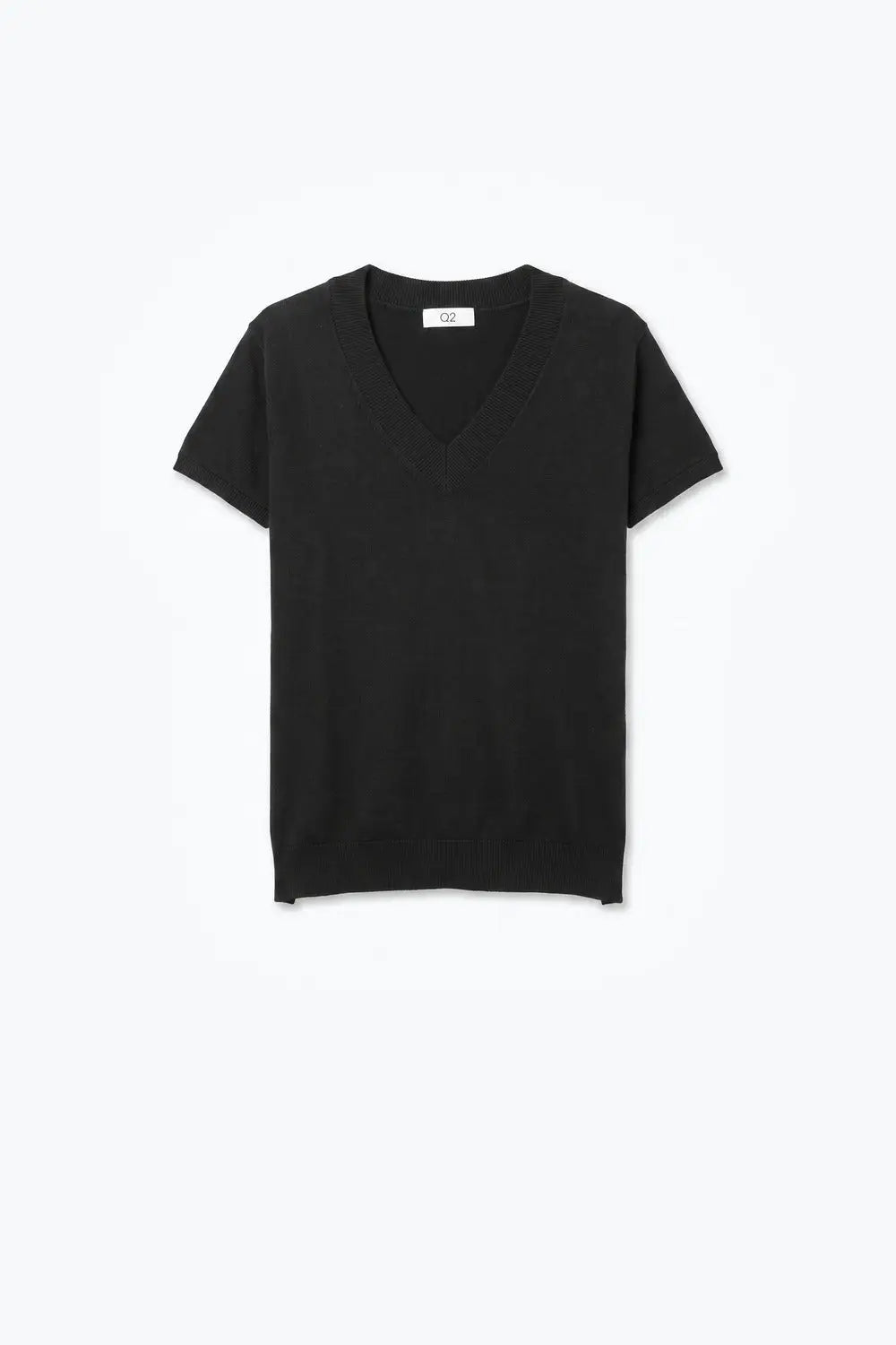 Black Fine-Knit V-Neck Sweater with Short Dolman Drop-Shoulder Sleeves