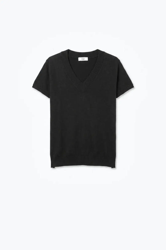 Black Fine-Knit V-Neck Sweater with Short Dolman Drop-Shoulder Sleeves
