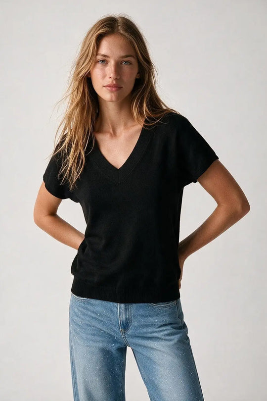 Black Fine-Knit V-Neck Sweater with Short Dolman Drop-Shoulder Sleeves