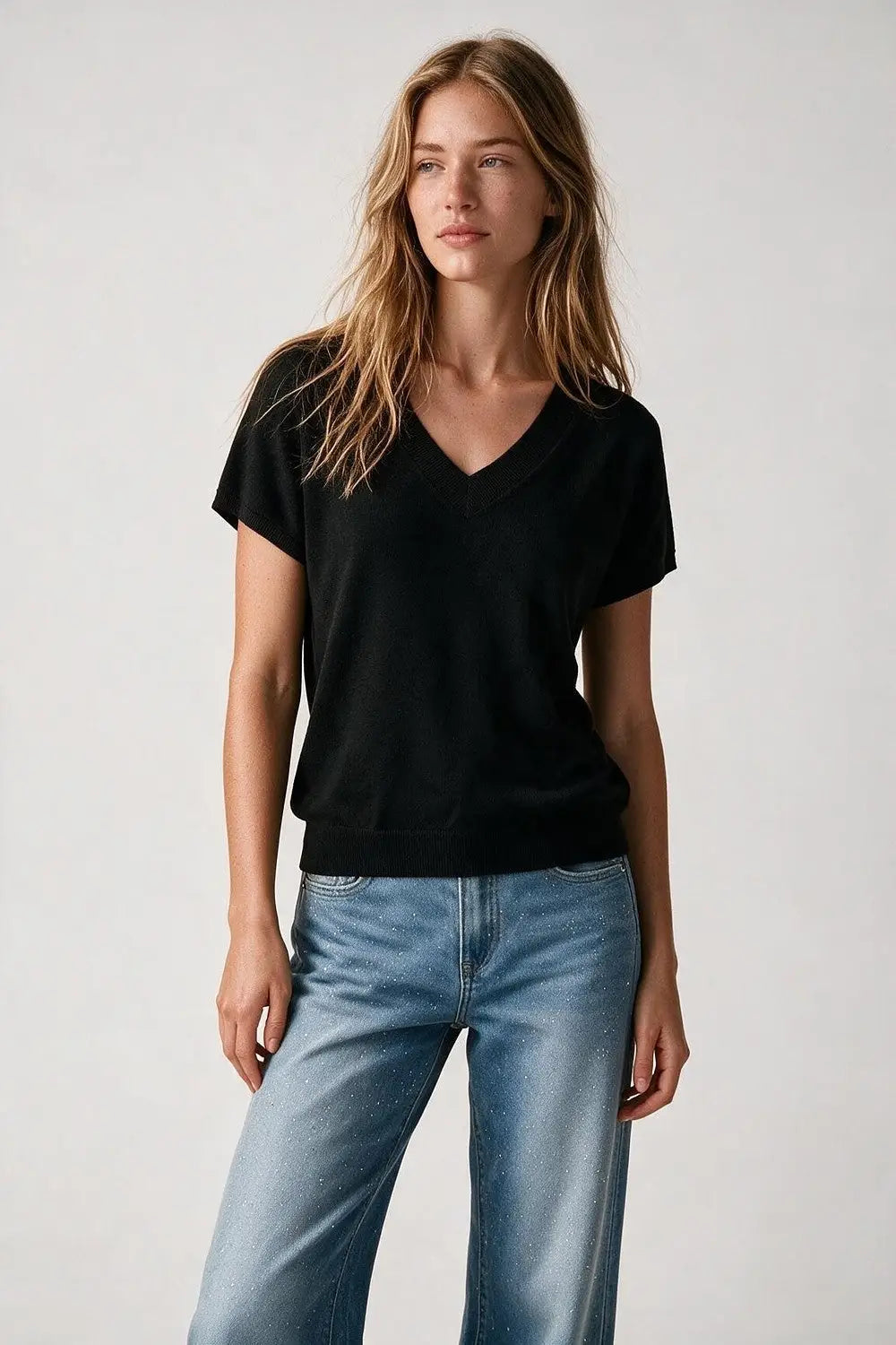 Black Fine-Knit V-Neck Sweater with Short Dolman Drop-Shoulder Sleeves