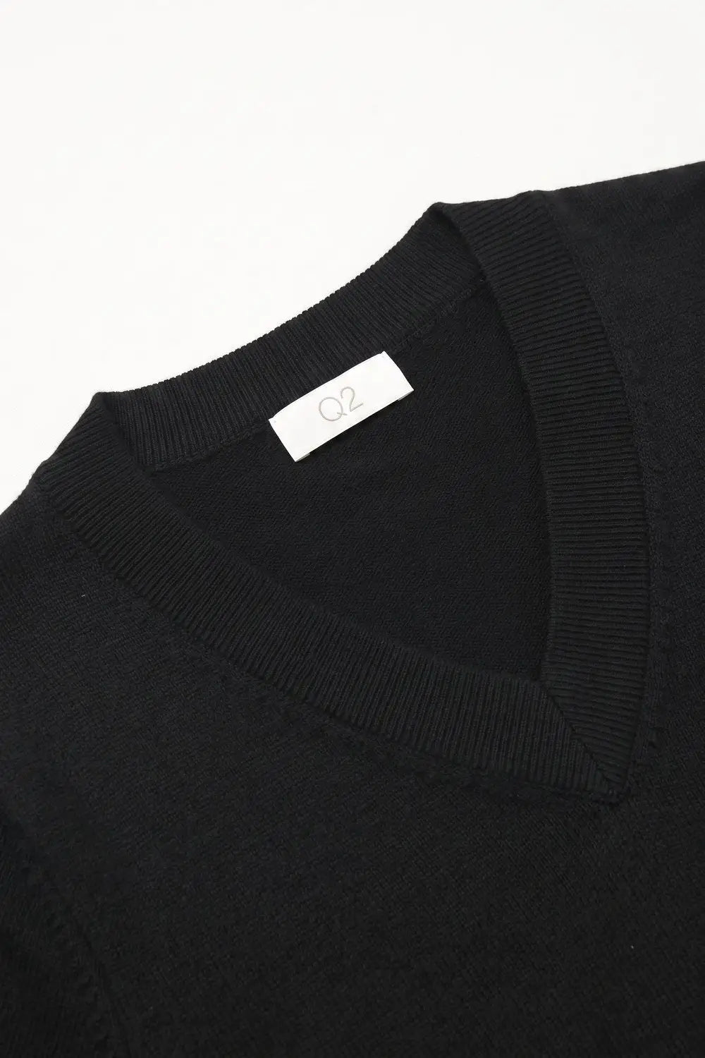 Black Fine-Knit V-Neck Sweater with Short Dolman Drop-Shoulder Sleeves