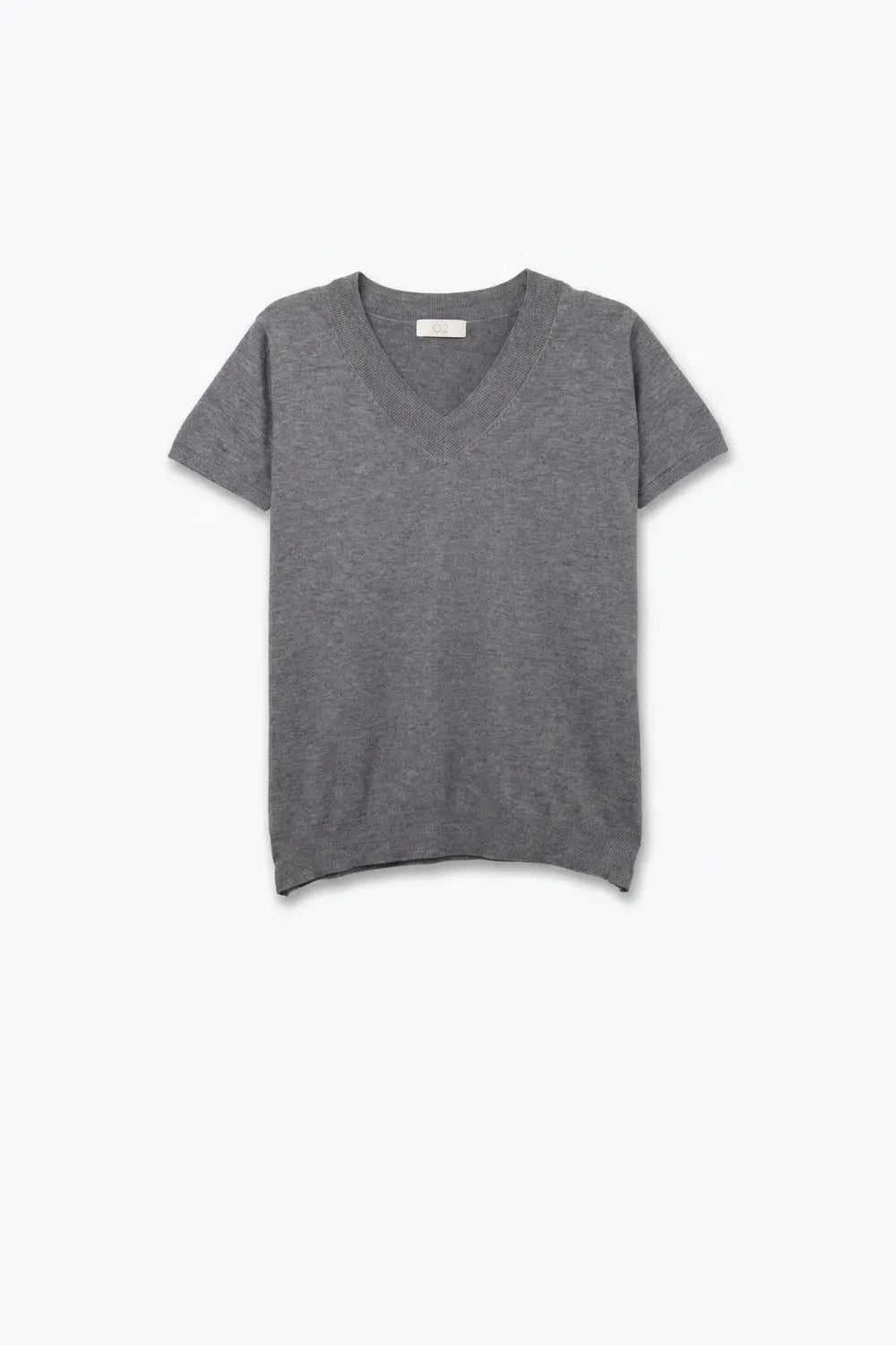 Grey Fine-Knit V-Neck Sweater with Short Dolman Drop-Shoulder Sleeves