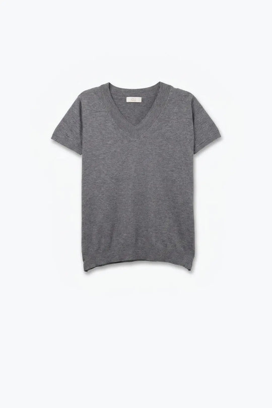 Grey Fine-Knit V-Neck Sweater with Short Dolman Drop-Shoulder Sleeves