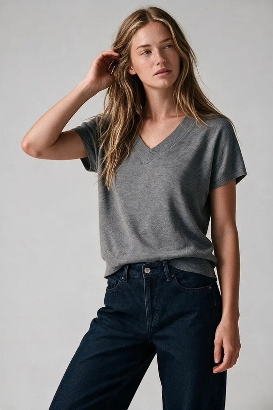 Grey Fine-Knit V-Neck Sweater with Short Dolman Drop-Shoulder Sleeves