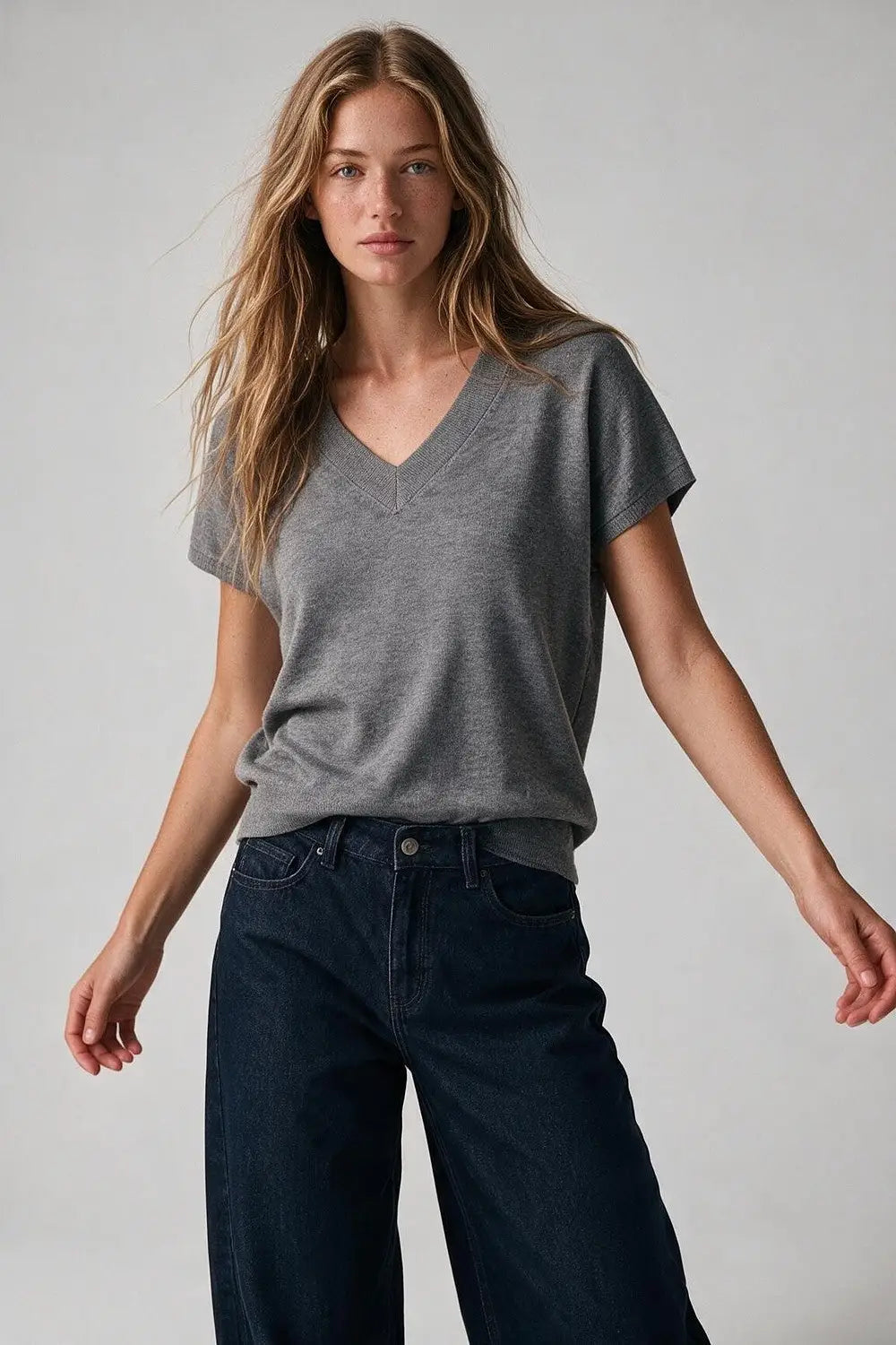Grey Fine-Knit V-Neck Sweater with Short Dolman Drop-Shoulder Sleeves
