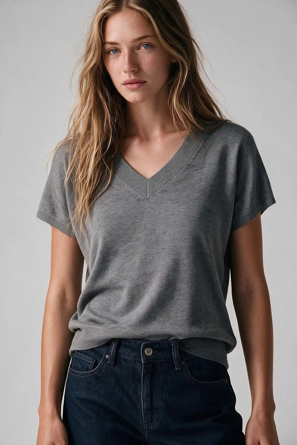Grey Fine-Knit V-Neck Sweater with Short Dolman Drop-Shoulder Sleeves