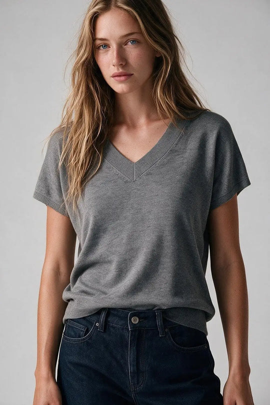 Grey Fine-Knit V-Neck Sweater with Short Dolman Drop-Shoulder Sleeves