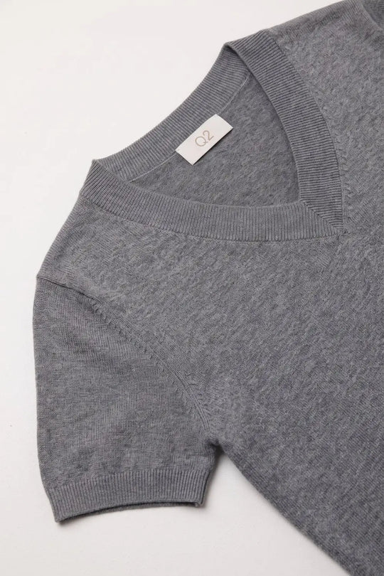 Grey Fine-Knit V-Neck Sweater with Short Dolman Drop-Shoulder Sleeves