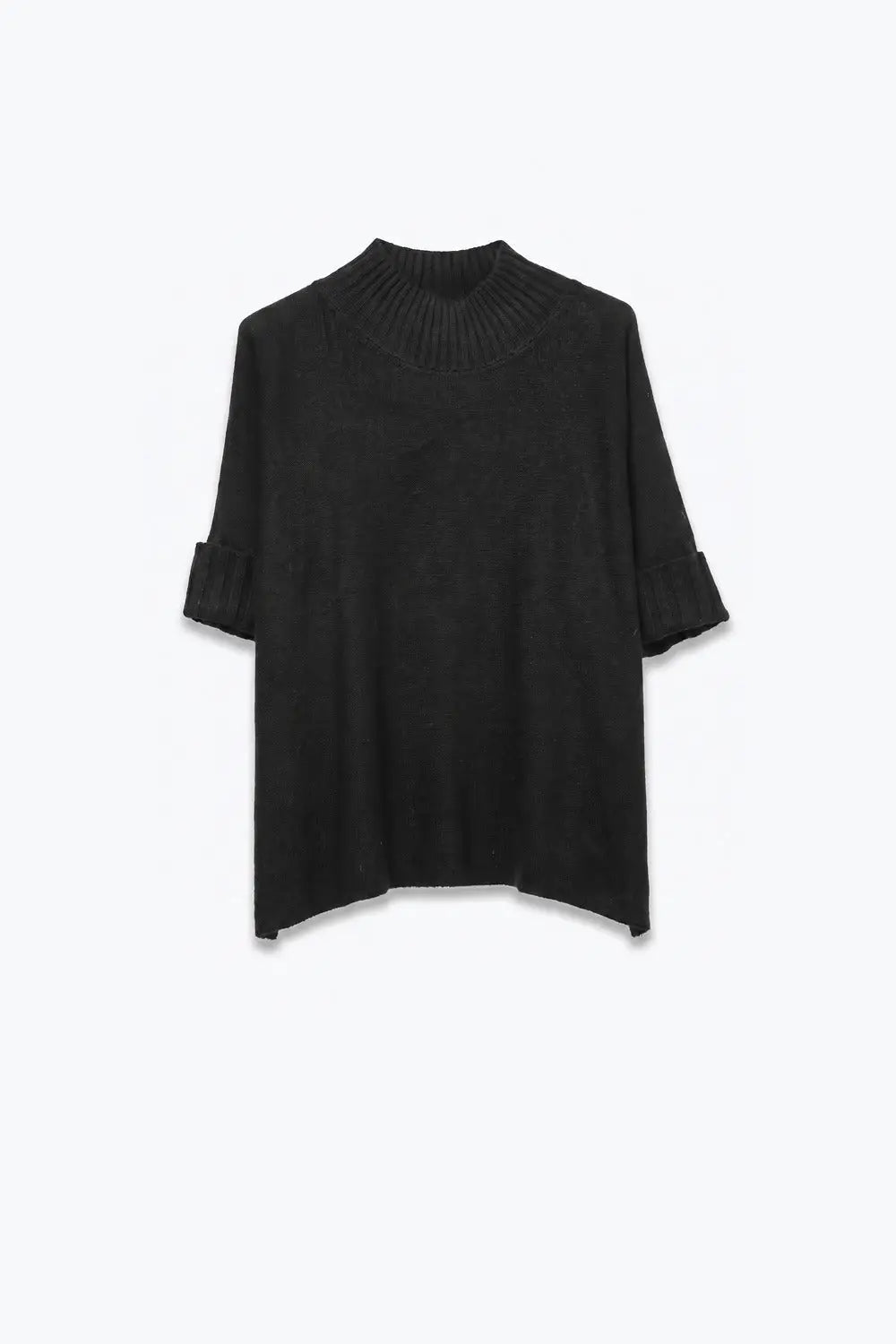 Black warm Ribbed Knit High Collar Relaxed Fit Sweater with elbow-length sleeve