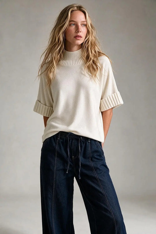 Cream chunky Ribbed Knit high Neck Sweater with elbow-length sleeve