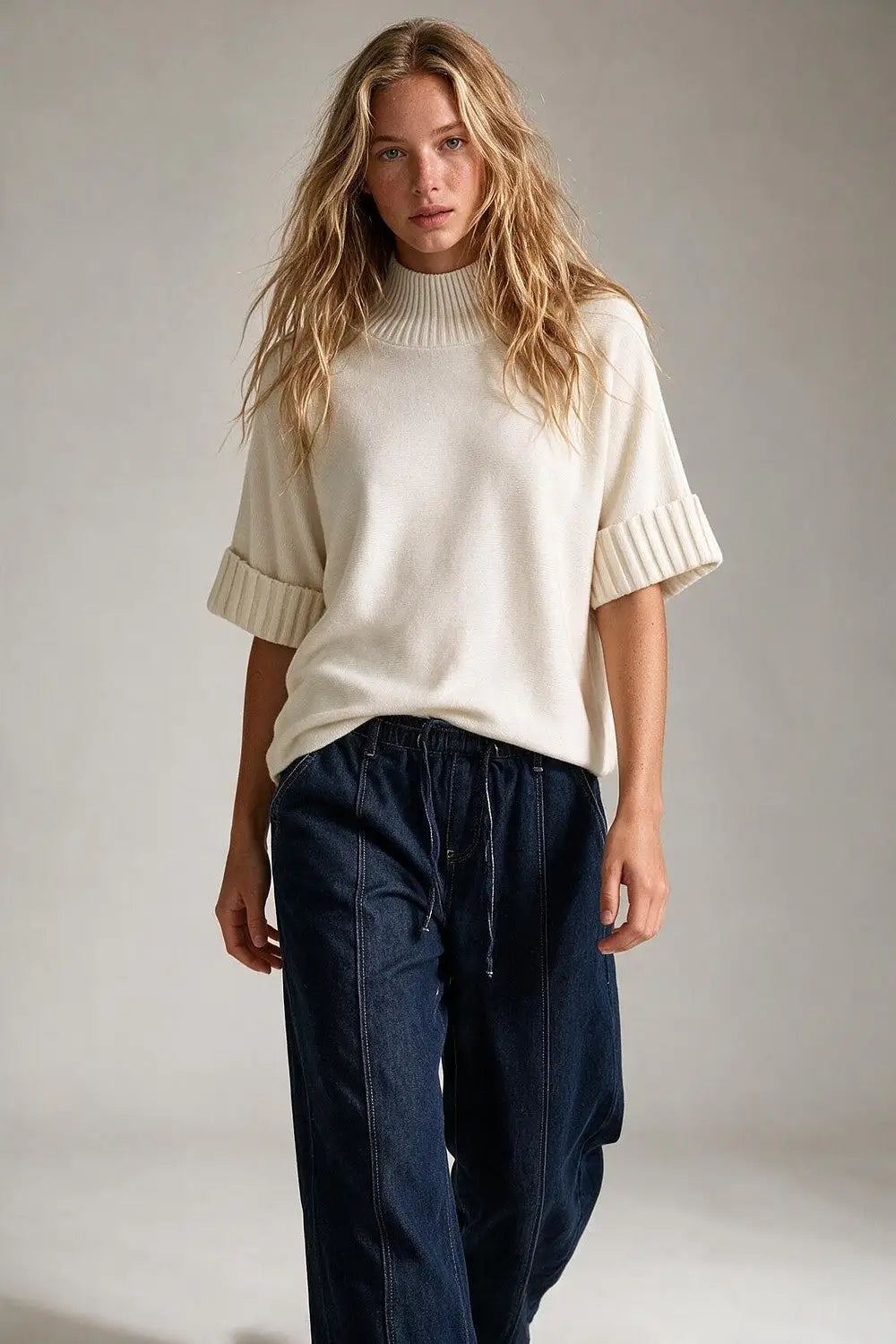 Cream chunky Ribbed Knit high Neck Sweater with elbow-length sleeve