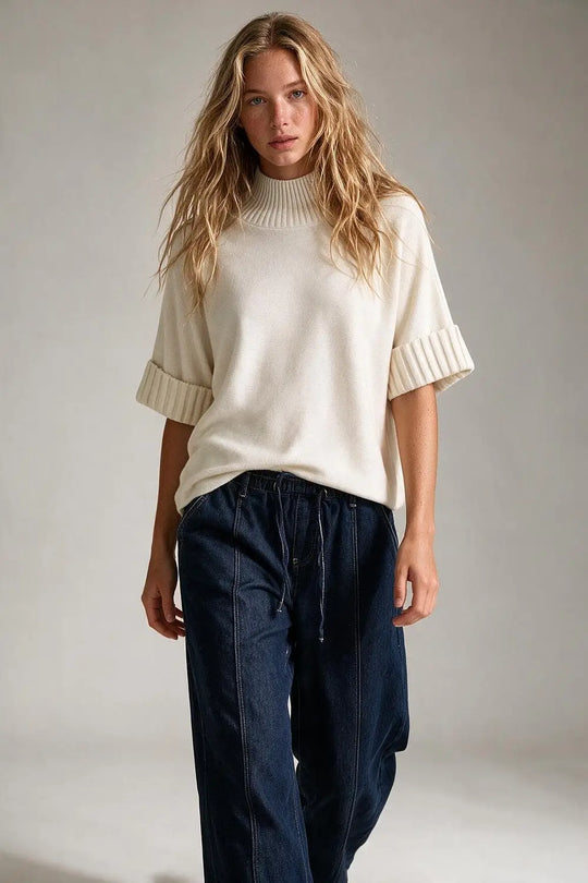 Cream chunky Ribbed Knit high Neck Sweater with elbow-length sleeve
