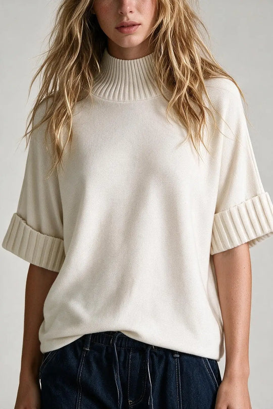 Cream chunky Ribbed Knit high Neck Sweater with elbow-length sleeve