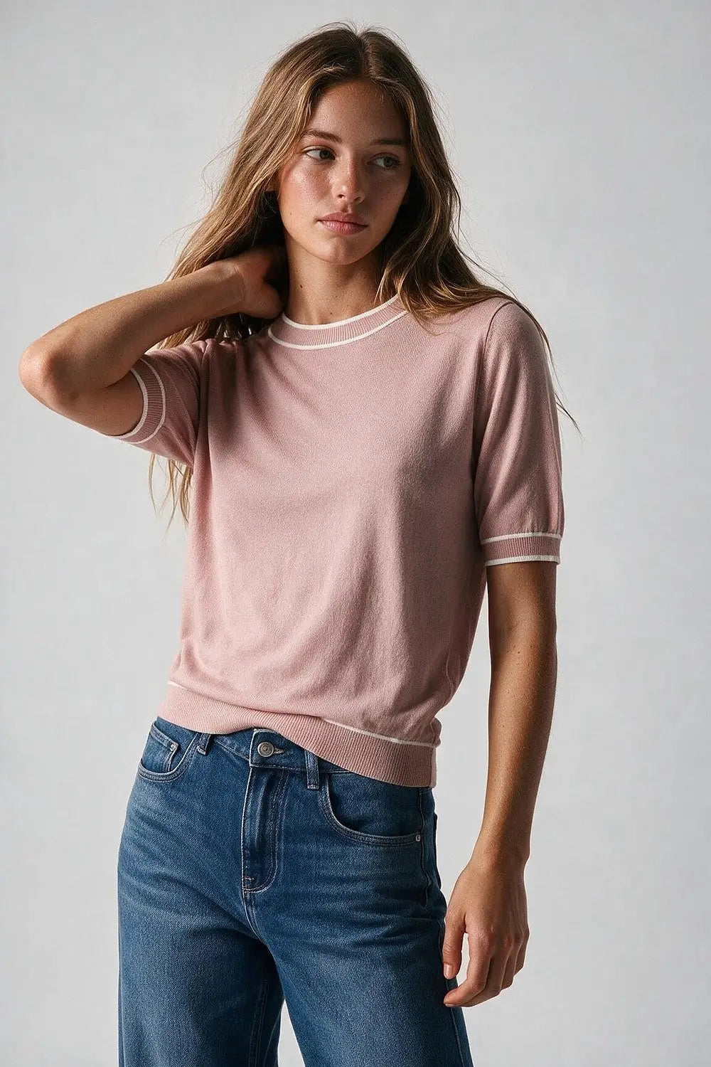 Light Pink Fine Knit Contrast Trim Crew Neck Short Sleeve sweater